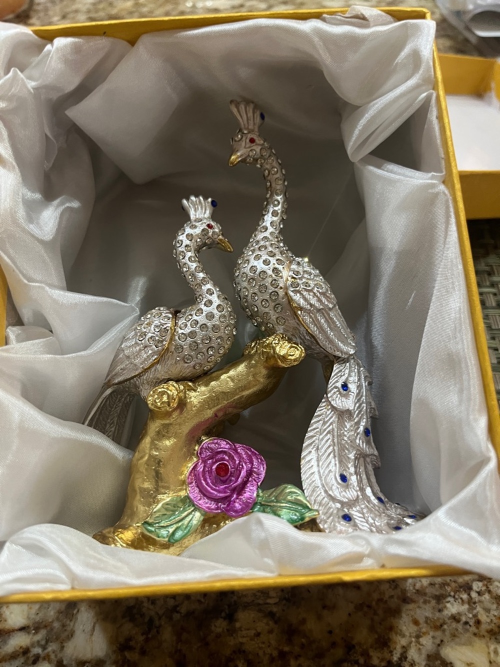 Ornate Gold and Silver Crystal Peacock Figurine – with storage nwt